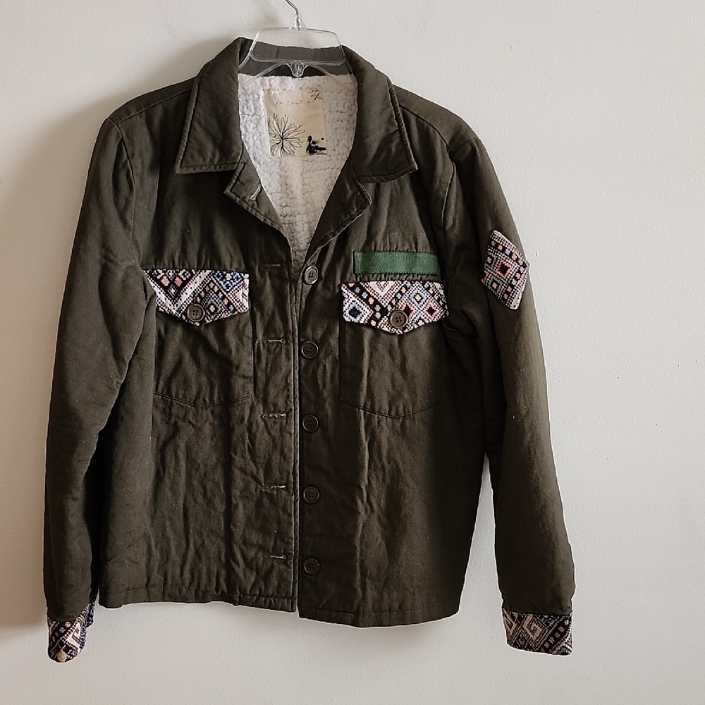 Olive Green Jacket with Patterned Accents Military Style Sherpa Lined Jacket